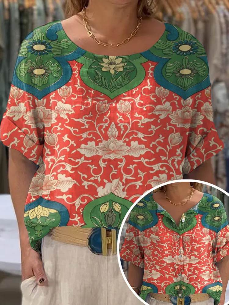 Women's Vintage Lovely Floral Art Print Front And Back Wear Short Sleeve Cotton Shirt