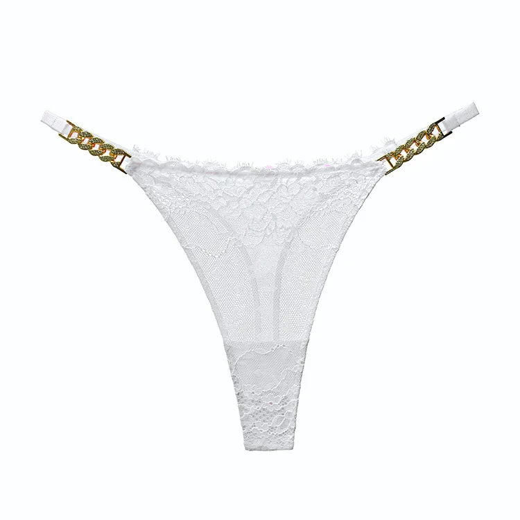 Athvotar Athvotar Diamond Metal Chain Lady T-Shirt Trousers Thin Perspective Lace T Pants Thin Cotton Crotch Trousers