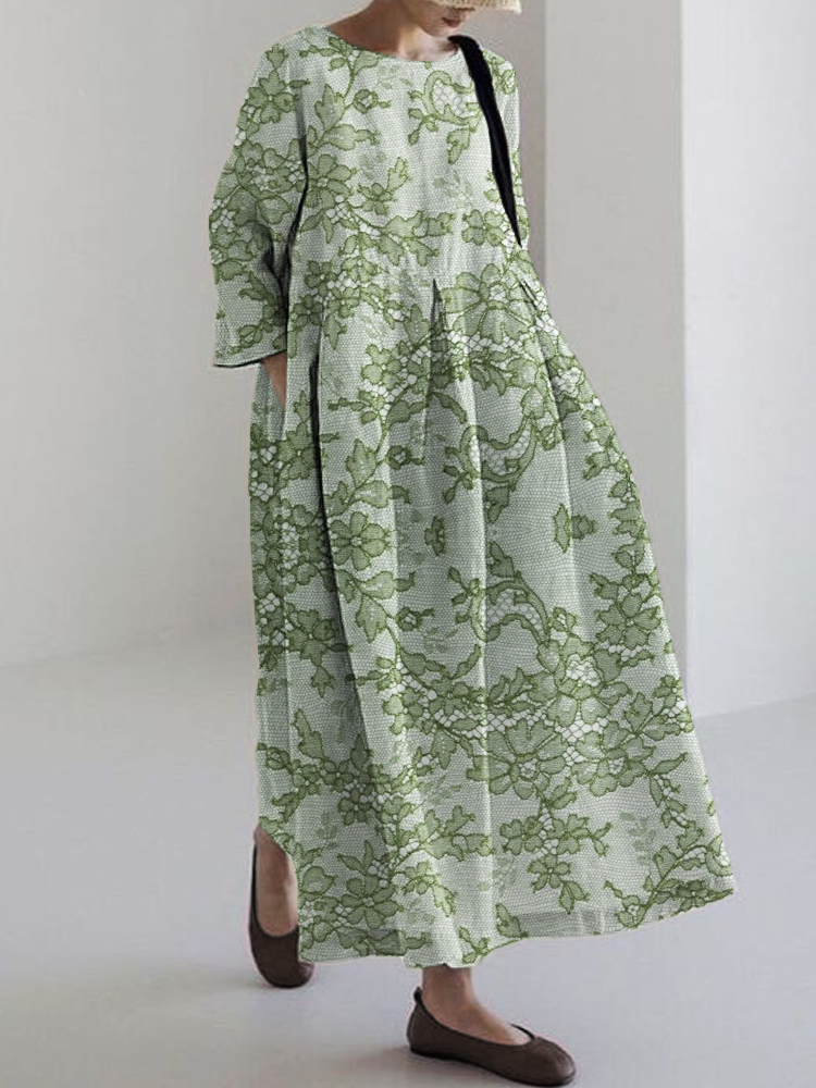Floral Lace Flowy Linen Blend Maxi Dress