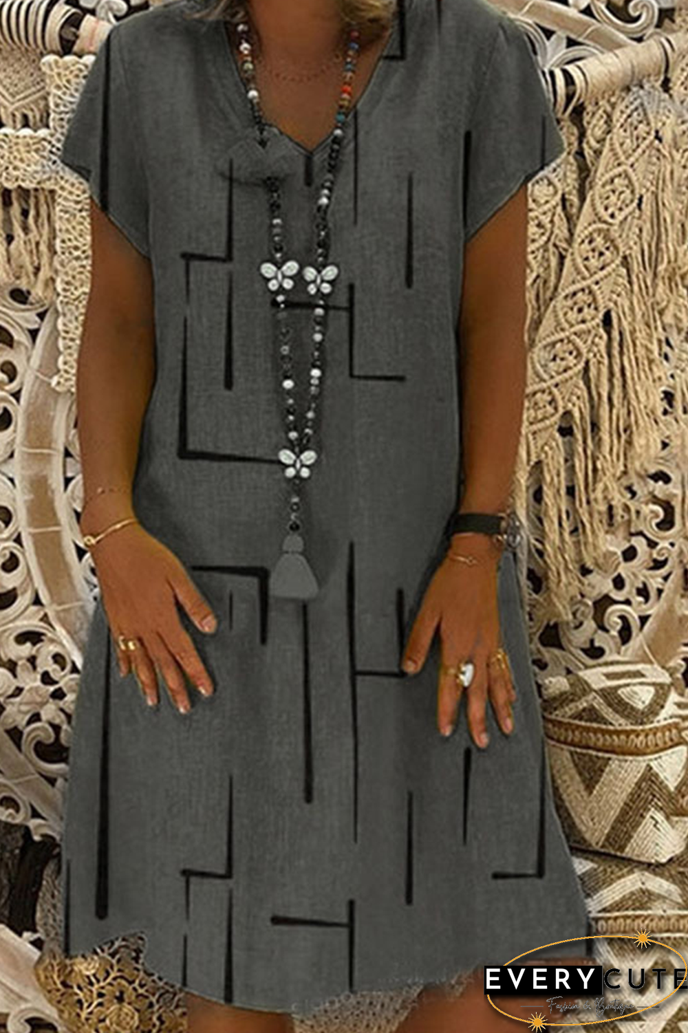 Casual Print Patchwork V Neck Straight Dresses(8 Colors)