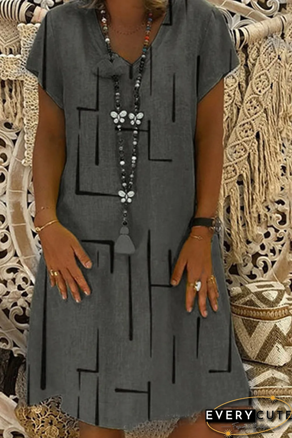 Casual Print Patchwork V Neck Straight Dresses(8 Colors)