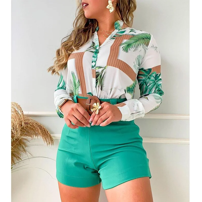 CM.YAYA Beach Holiday Women's Tracksuit Floral Leaf Long Sleeve Shirt and Shorts Matching Two 2 Piece Set Outftis Sweatsuit