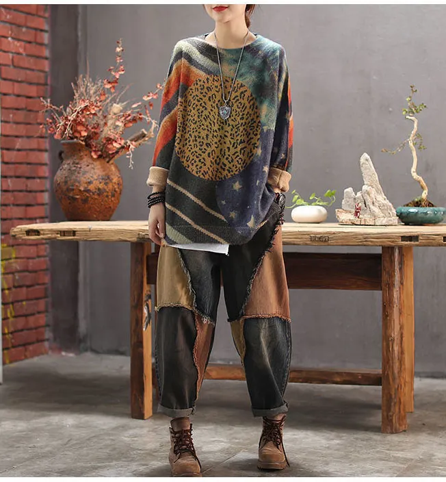 Brownm Women's High Waist Retro Harem Pants Jeans 2023 New Casual Fashion Harajuku Cotton Trousers Patchwork Wide Leg Radish