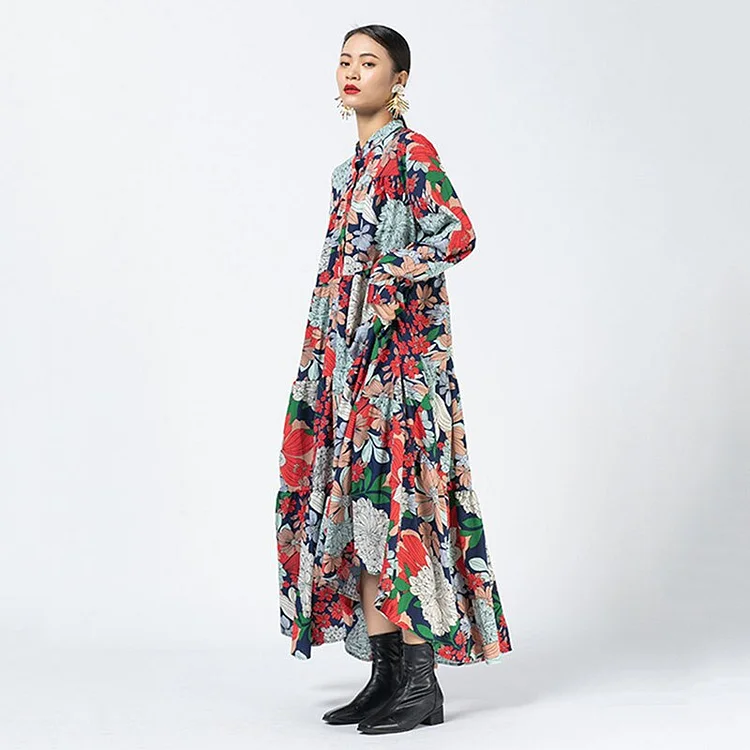 Vintage Loose Half Stand Collar Colorful Floral Printed Long Sleeve Dress