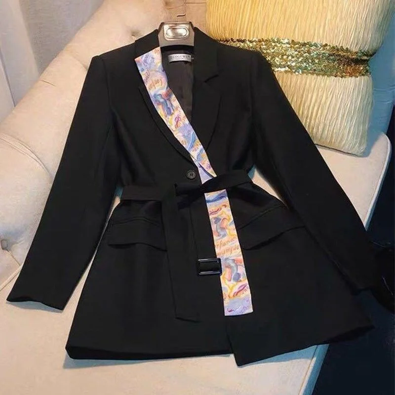 Spring Autumn Women Irregular Splicing Silk Scarf Blazer Lady Office Slim Jacket Plus Size Solid Color Coat with Belt 711