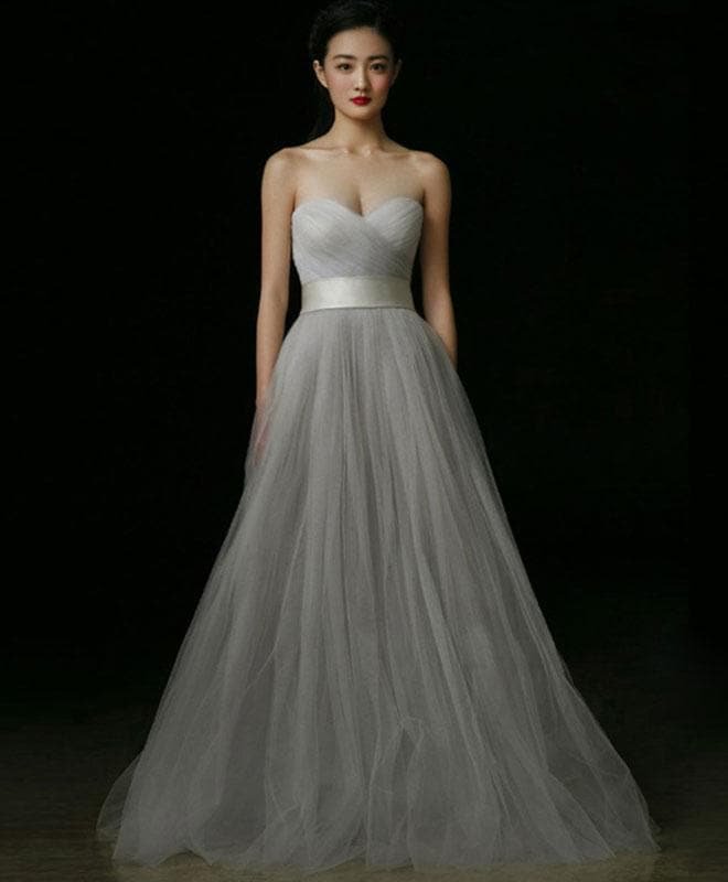 Gray Tulle A Line Long Prom Dress, Gray Formal Dress SP16931R