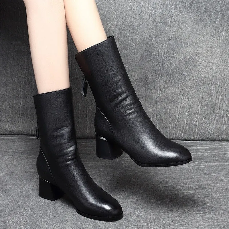 Thick Round Head and Middle Heel Boots Leather boots women Womens shoes high heels Leather