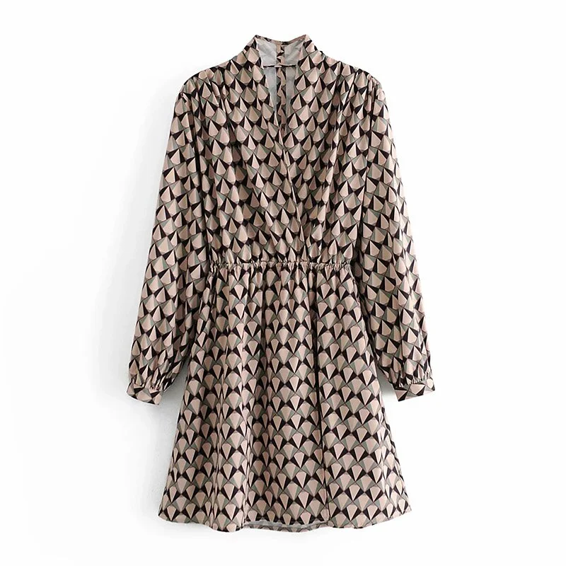 Aachoae Women Vintage Geometric Printed Mini Dress Elegant V Neck Elastic Waist Dress Female Long Sleeve Summer Short Dresses