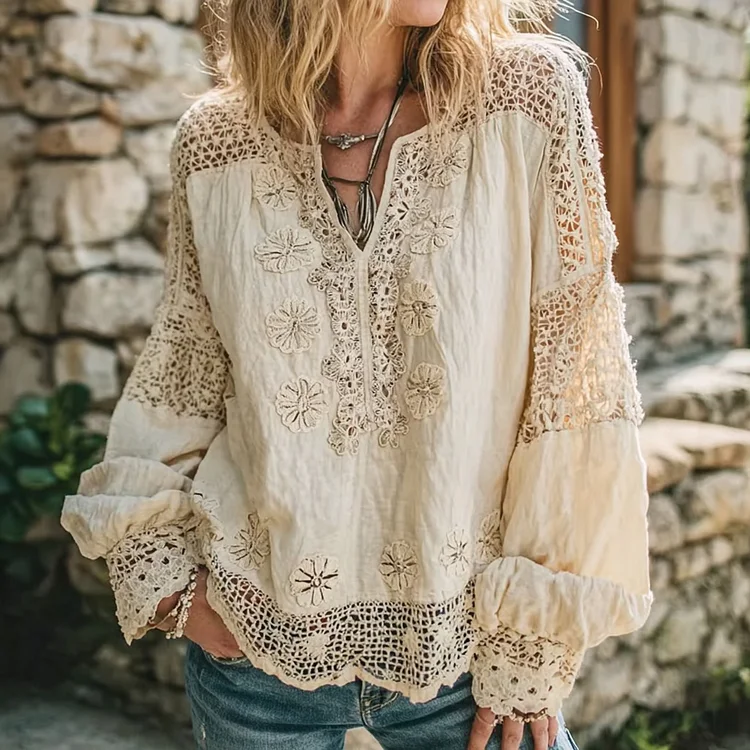 Women's Retro Floral Lace Embroidery Art V-neck Shirt