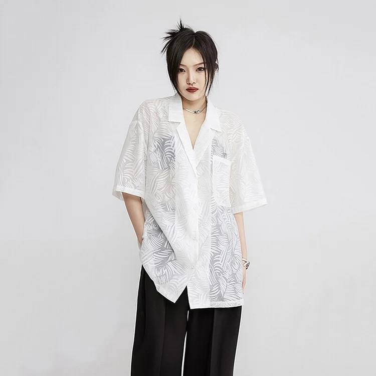 Temperament Loose Solid Color Perspective Feather Printed Half Sleeve Shirt