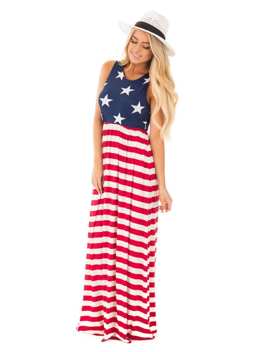Women's Casual Dresses Sleeveless American Flag Floral Tie Waist Loose Maxi Dresses