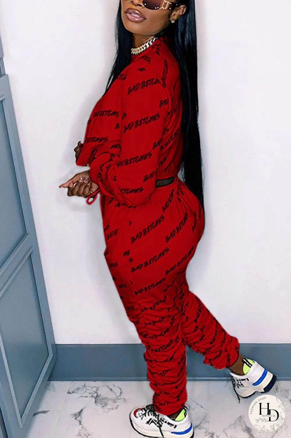 Red Street Print Fold O Neck Long Sleeve Two Pieces