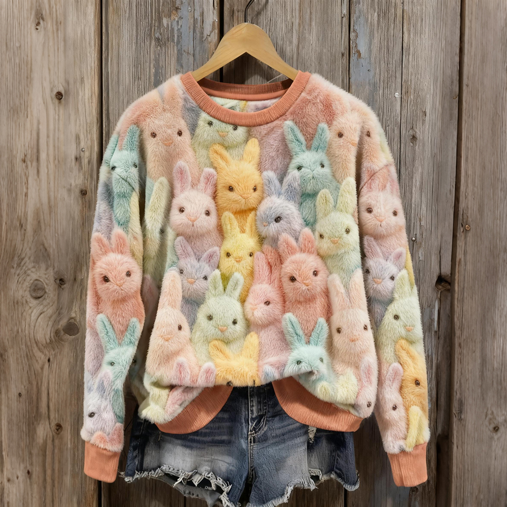Cute Pastel Fluffy Rabbits Pattern Cozy Plush Sweatshirt elevenforest