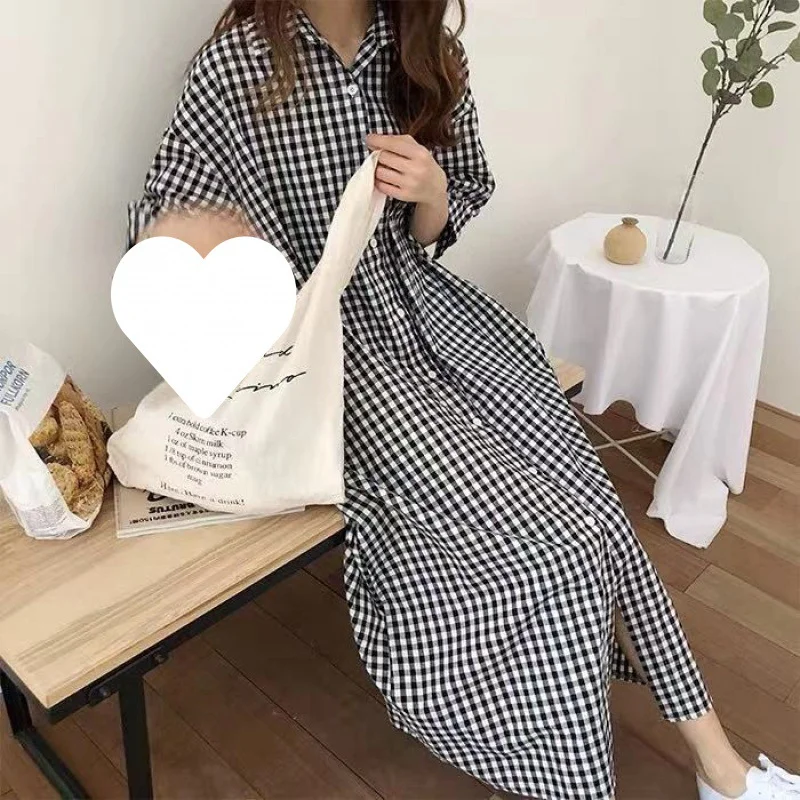 Uveng Uveng Plaid Shirt Women 2025 Spring And Summer Short-Sleeved Cotton Linen Super Long Over Knee Loose Ocean Gas Shirt