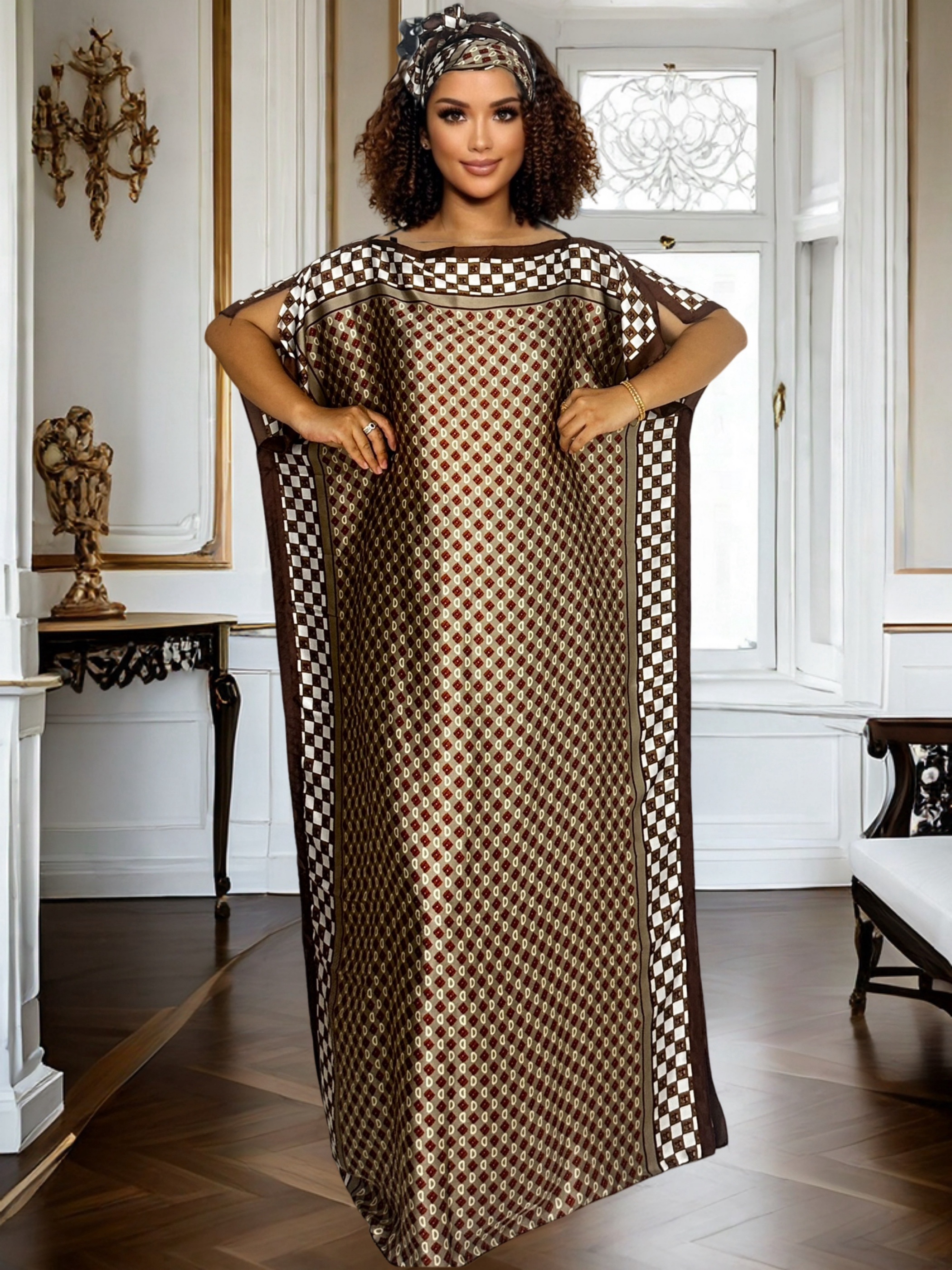 Women's Black And White Geometric Kaftan Dress - Oversized, Off-The-Shoulder, Non-Stretch Fabric, All-Season Wear, Elegant Long Dress For Casual Or Formal Occasions, Formal Attire | Geometric Pattern Dress | Nonstretch Fabric | IFYHOME