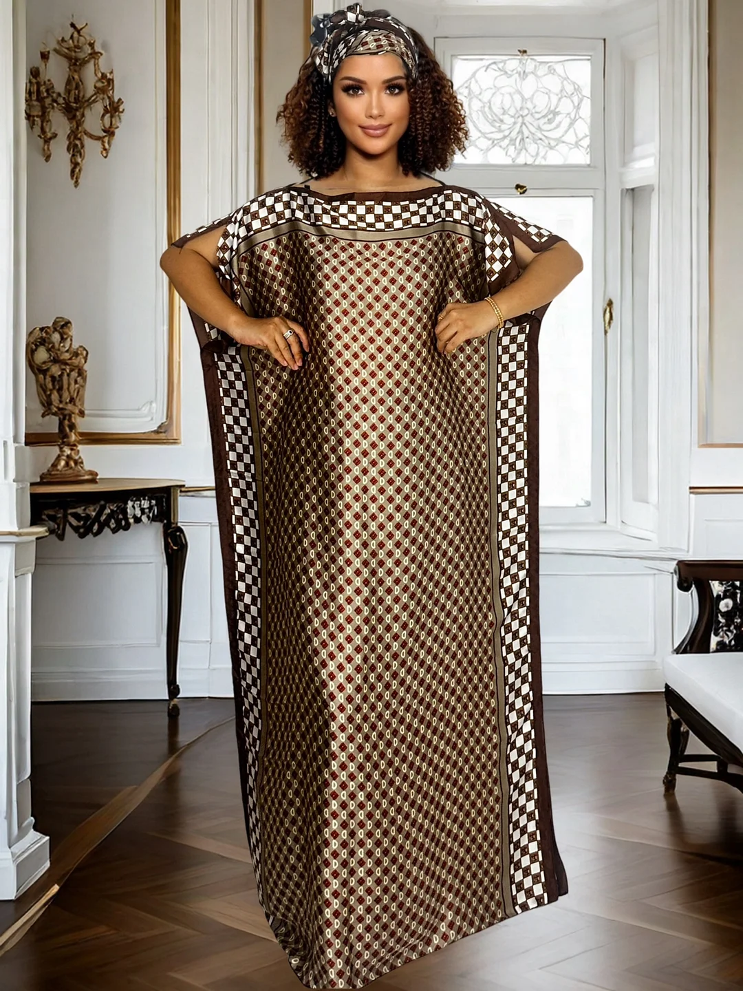 Women's Black And White Geometric Kaftan Dress - Oversized, Off-The-Shoulder, Non-Stretch Fabric, All-Season Wear, Elegant Long Dress For Casual Or Formal Occasions, Formal Attire | Geometric Pattern Dress | Nonstretch Fabric | IFYHOME