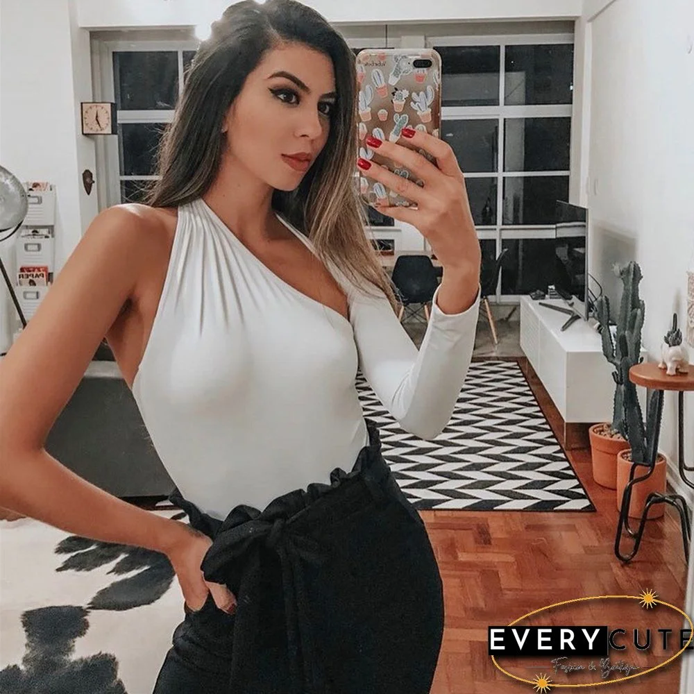Solid Color One Shoulder Sexy Bodysuits Women Scoop Back Skinny Tight Playsuits One Sleeve Top Button Be It Blouse Beachwear Y2K