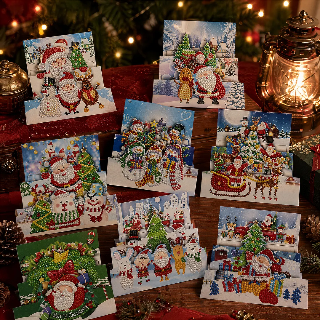 8PCS Santa Claus DIY Diamond Painting Greeting Card Kits with Envelopes Diamond Art Greeting Cards Diamond Art Cards Kits for Adults DIY Crafts Family Friend Gifts