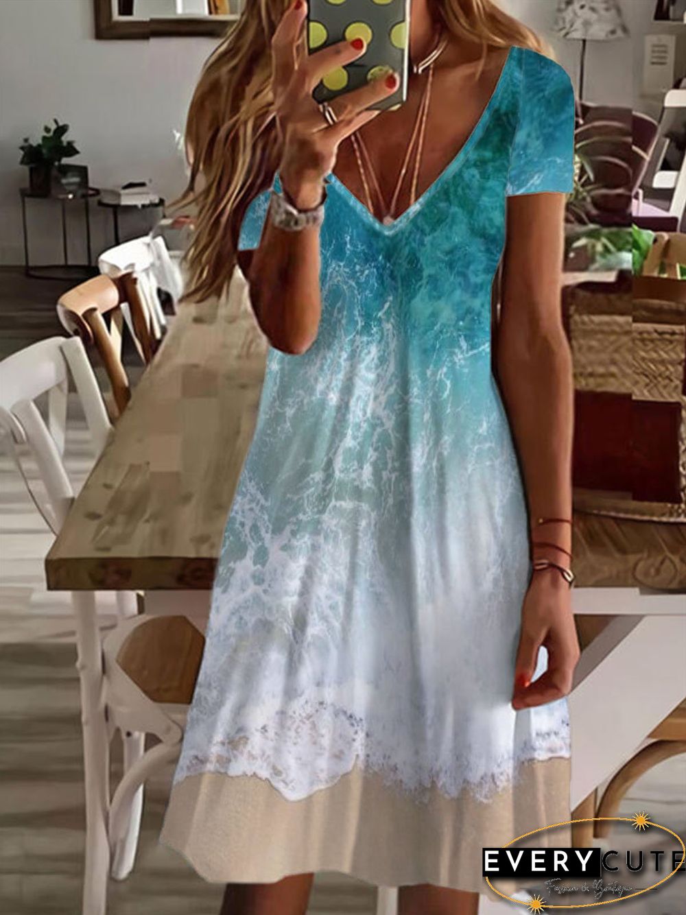 Casual Painted V Neck Short Sleeve Dress