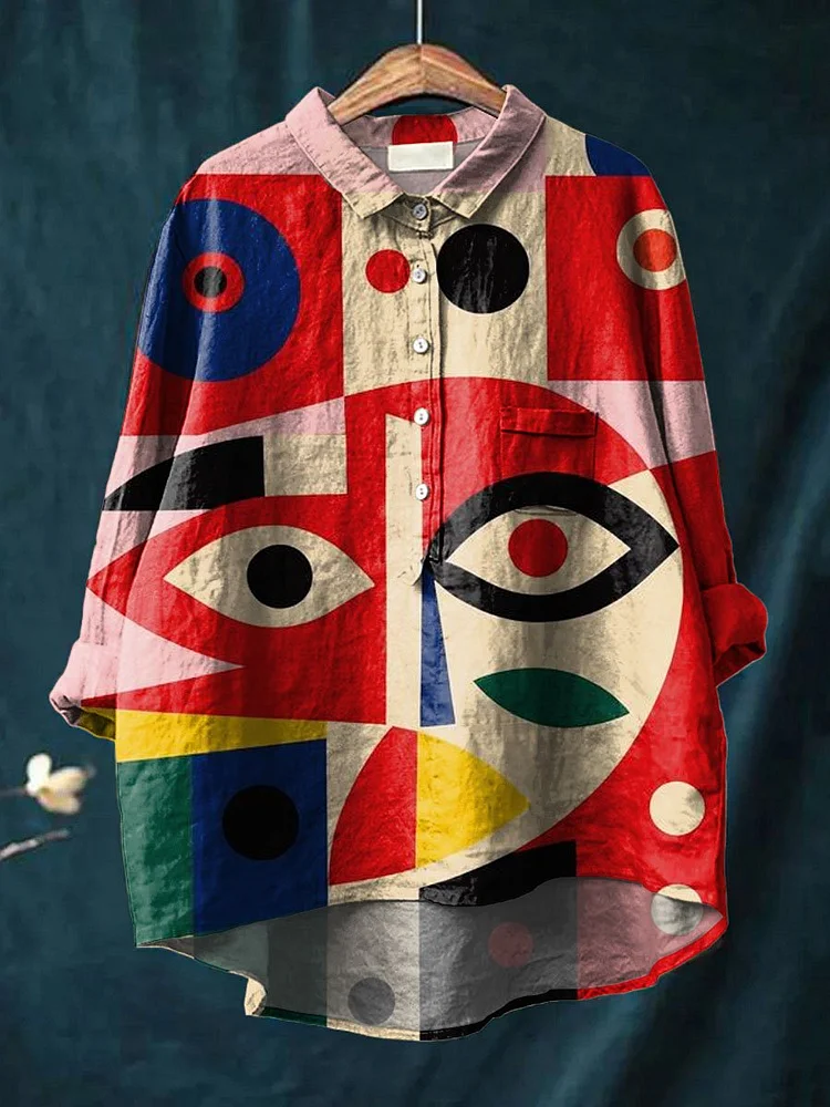 Vintage Geometric Pattern Art Print Casual Cotton And Linen Shirt