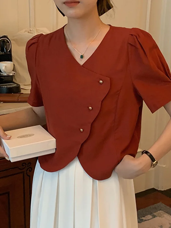 Vintage Solid Color Asymmetric V-Neck Blouse