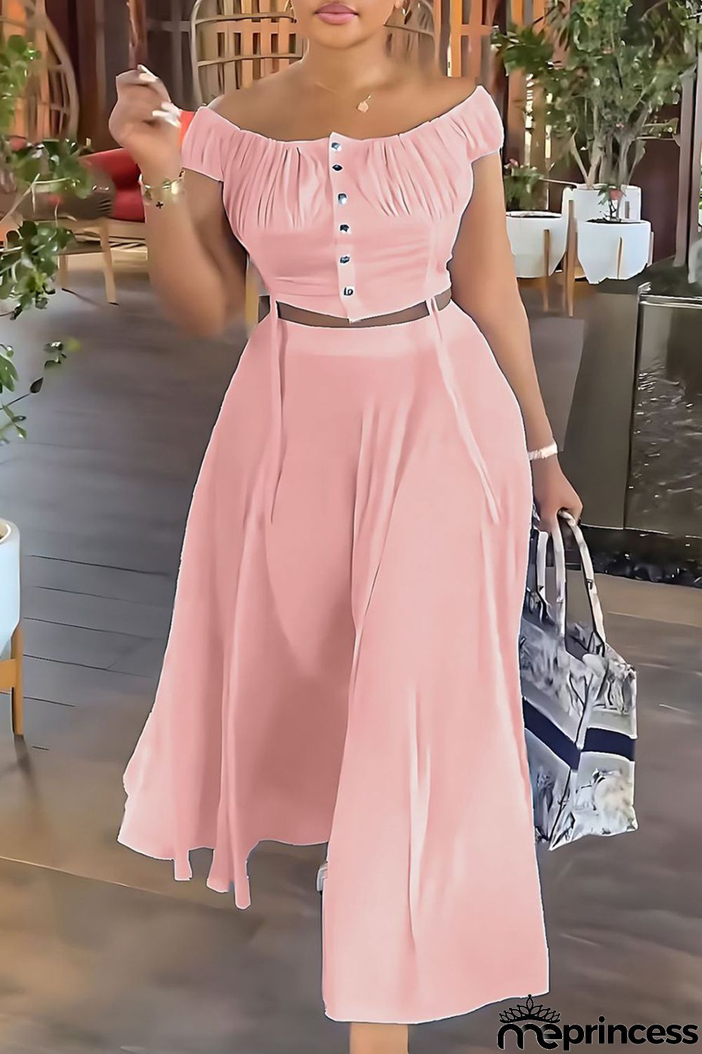 Blue Elegant Solid Patchwork Draw String Buckle Off the Shoulder Short Sleeve Two Pieces