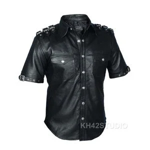 pornhint Pornhint Men Police Uniform Shirt Real Leather Shirt Men Goth Fetish Club Shirt
