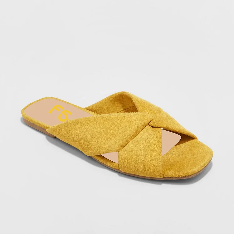Mustard Vegan Suede Women's Slide Sandals Open Toe Summer Flat Sandals |FSJ Shoes