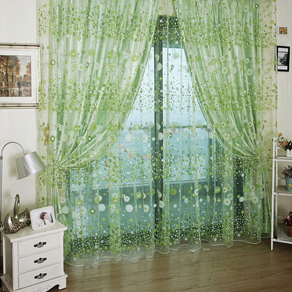 

Floral Printed Tulle Voile Window Curtain Sheer Drape Panel 200x100CM Green, 501 Original