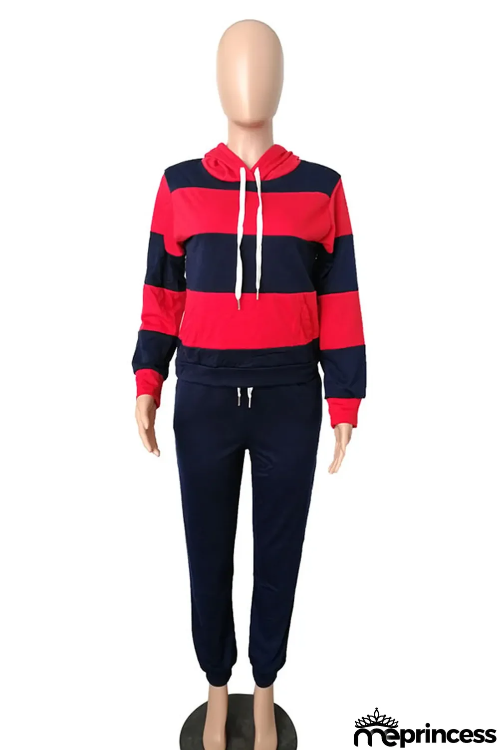 Red Polyester OL Striped Patchwork Print pencil Long Sleeve Two Pieces