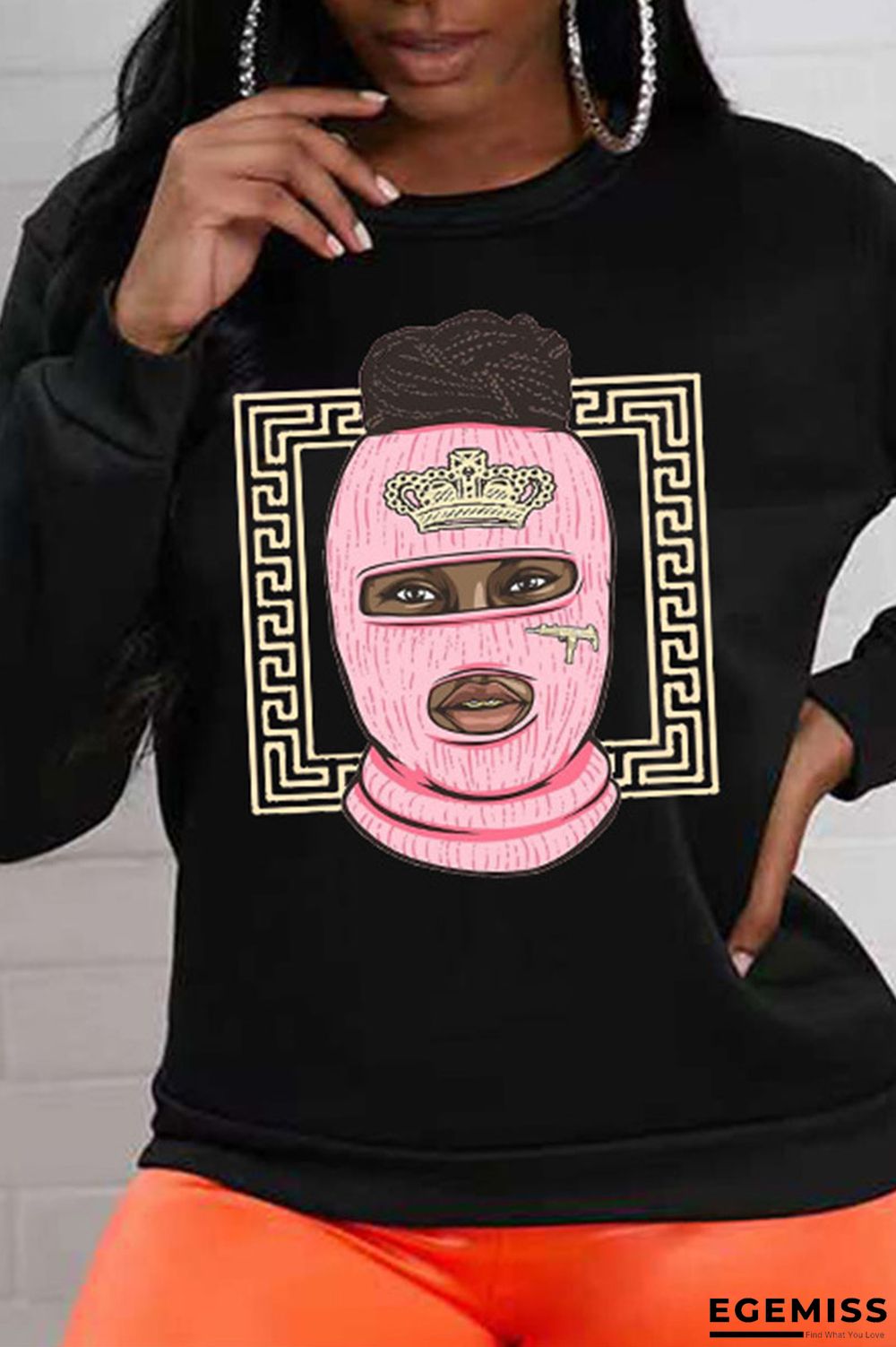 Black Casual Print Patchwork O Neck Plus Size Tops | EGEMISS