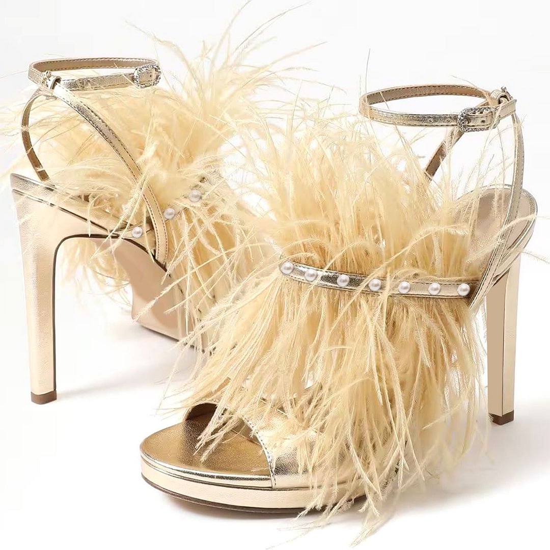Gold Slingback Leather Sandals With Fur Decor Ankle Strap Stiletto Heels Nicepairs