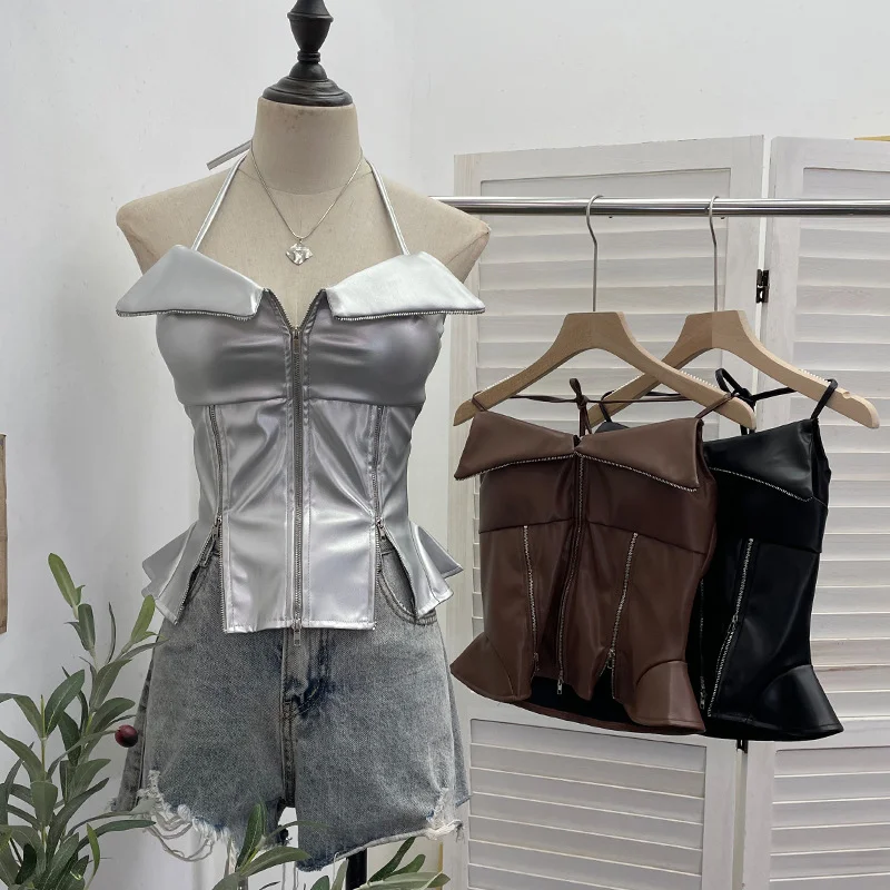 Nigikala Nigikala Shoot Hottie Hanging Neck Zipper Open Fork Sling Vest Pu Skin Bra Repair Short Sleeveless Top 8112