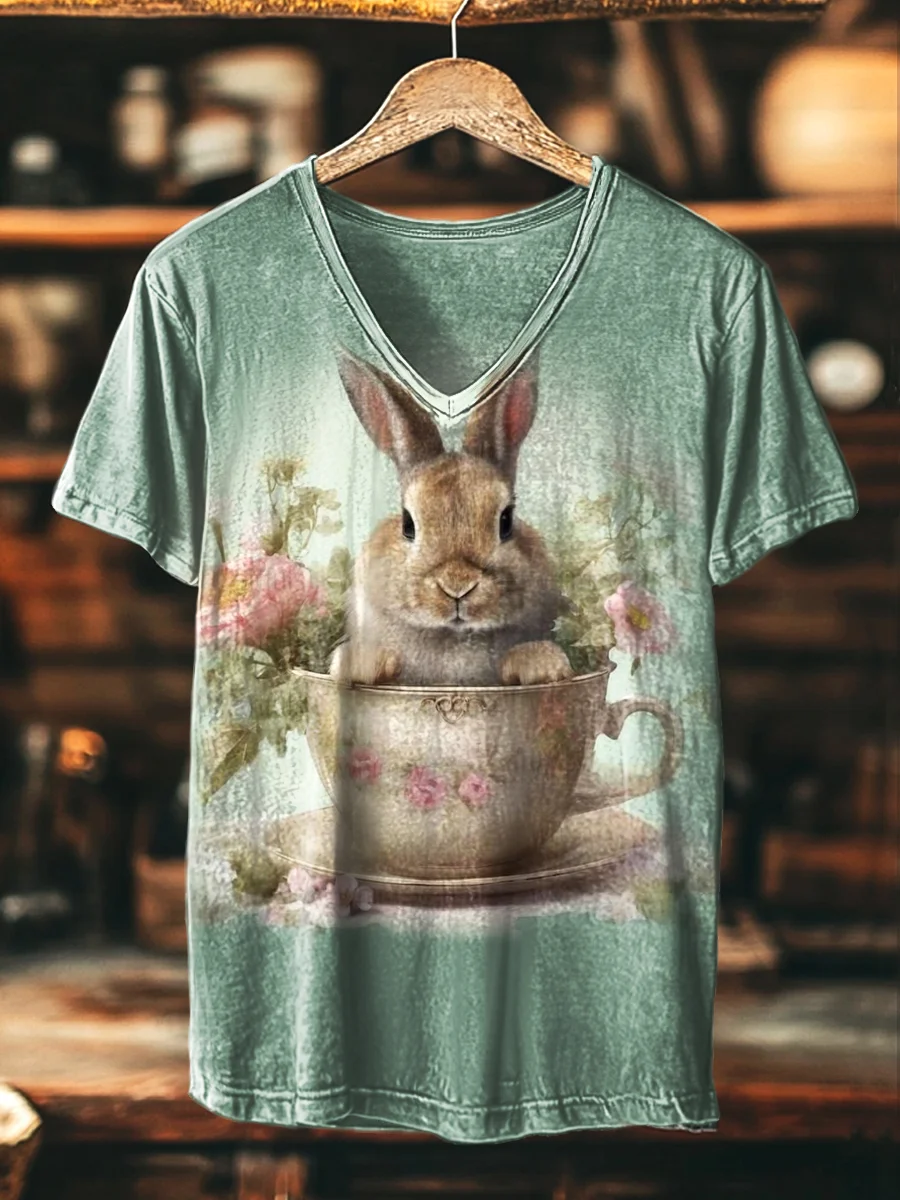 Retro Fun Cute Teacup Bunny Print Casual V-Neck T-Shirt