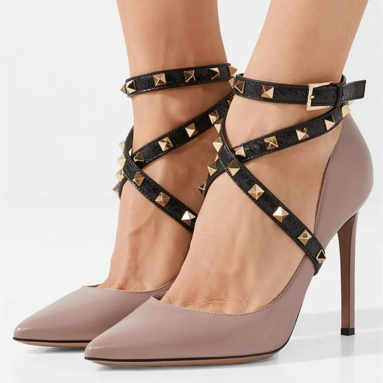 Nude Pink Rockstuds Crisscross Ankle Strap Heels Stiletto Pumps |FSJ Shoes