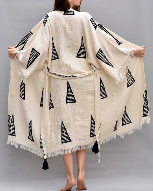 Casual tribal style geometric print lace-up coat