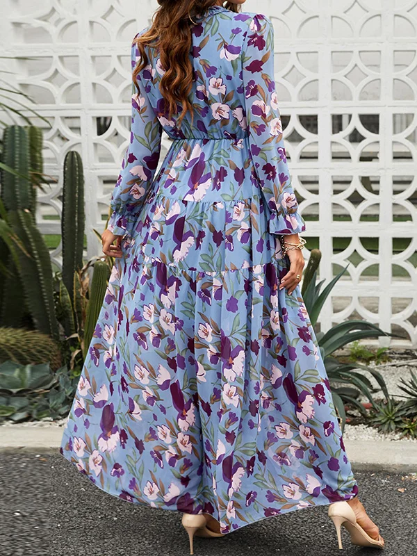 Graceful High-Waisted Long Sleeves Floral Print Maxi Dresses