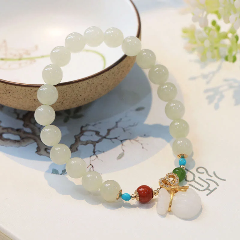 Natural Hetian White Jade 14K Gold Plated Money Bag Blessing Bracelet