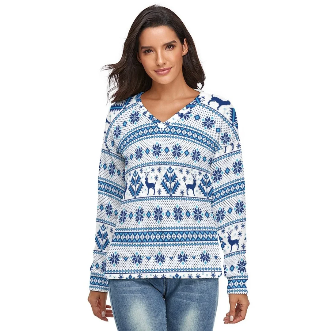 Christmas Deer V-Neck Sweater Christmas Sweaters for Women Featuring Winter Woodland Animals
