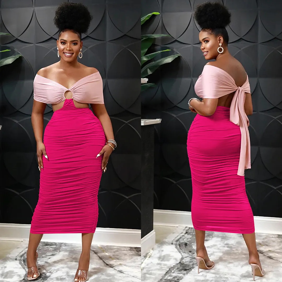 Churchf Churchf Fashion Women's Casual Tight Back Hollow Out Pleated Dress Women's Wear