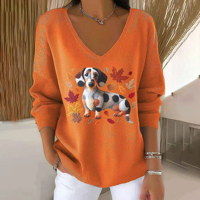 Women's Lovely Autumn Dog Art Print Casual Pullover Sweater elevenforest