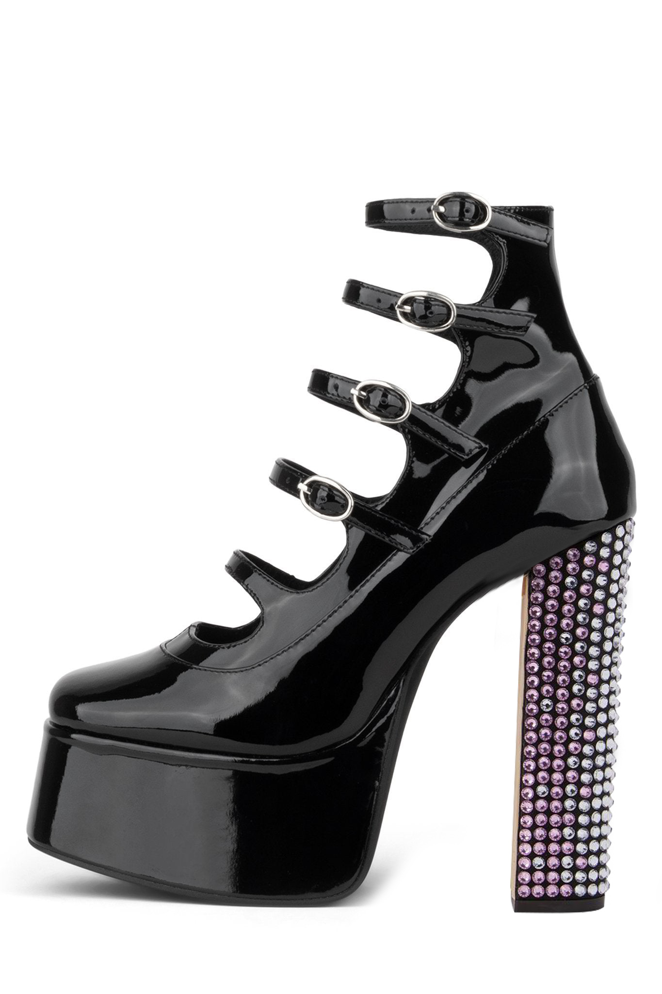 Black Patent Leather Multi Buckle Platform Booties with Rhinestone Nicepairs