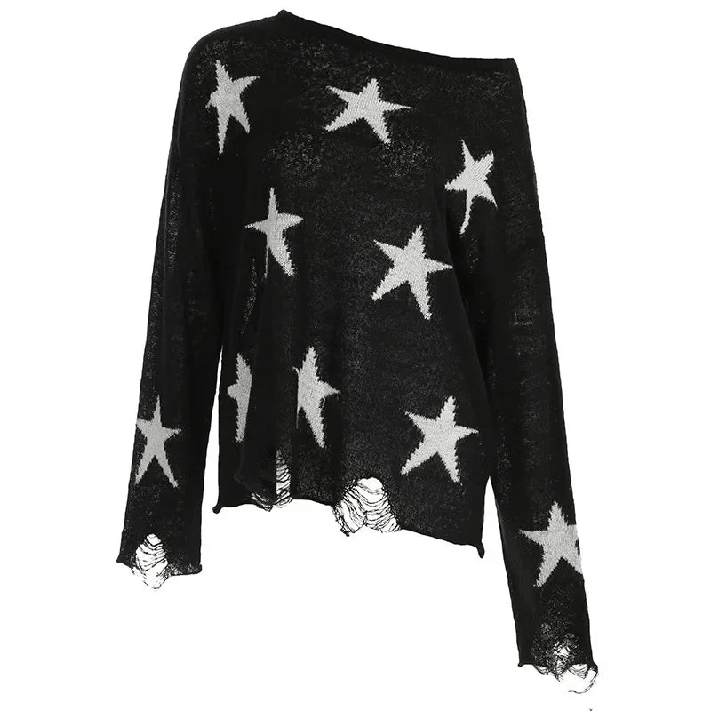 Toloer Star Print Sheer One Shoulder Knit Top-Outfit Ideas