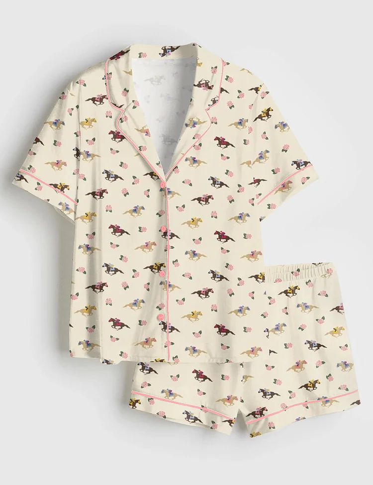 Women&rsquo;s Western Kentucky Derby Party Talk Derby to Me Racing Horses Print Short Sleeve Satin Pajama Set
