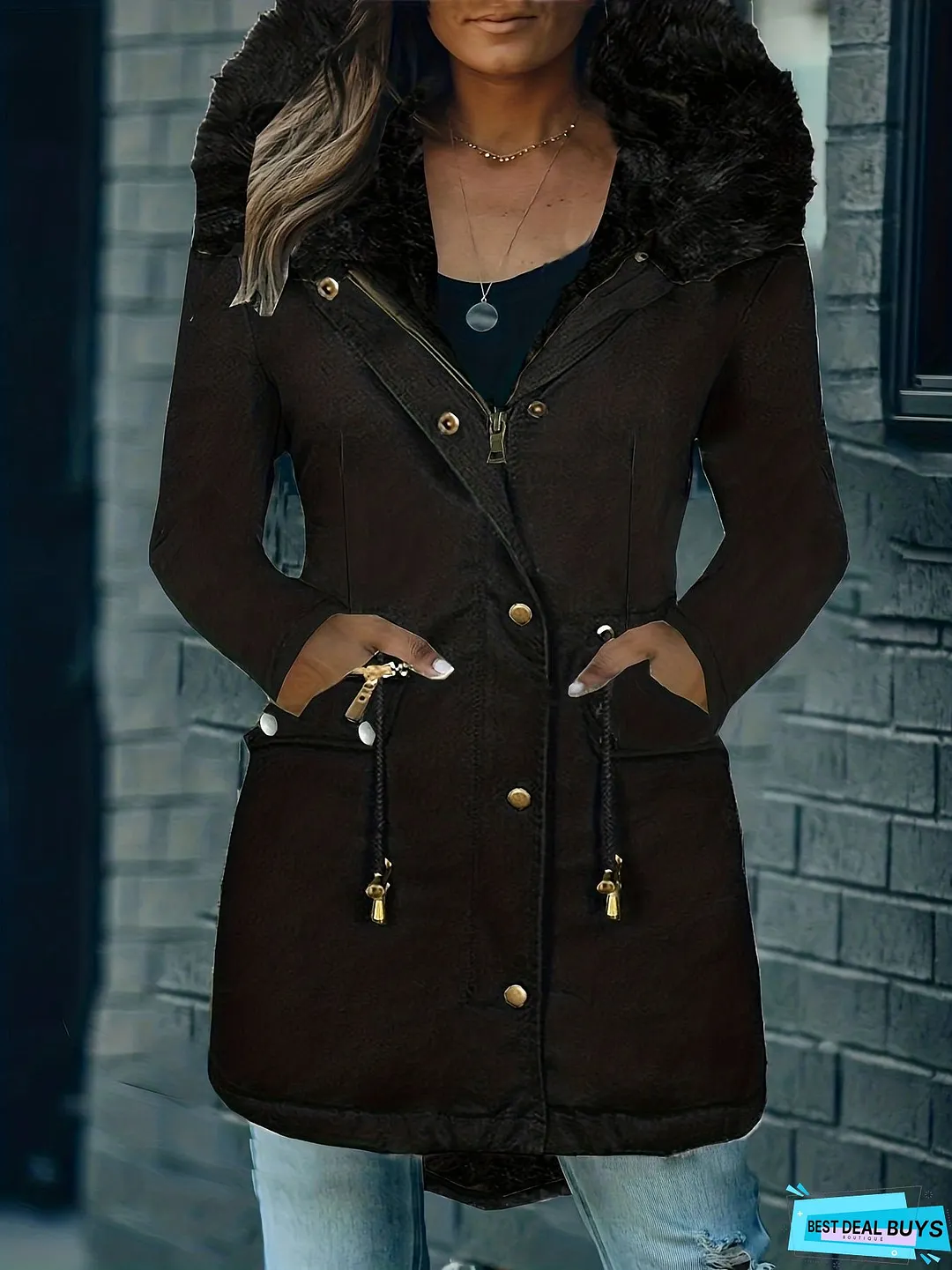 Faux Fur Hood Drawstring Parka Coat, Zip Up Button Front Pocket Thermal Overcoat, Women's Clothing