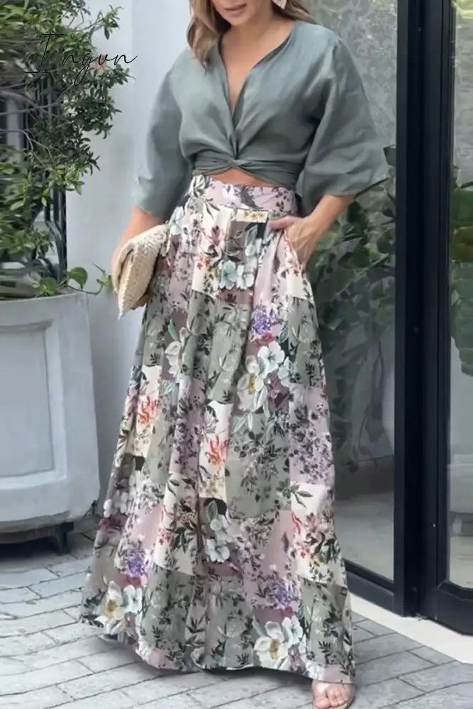 Ingvn - Casual Print Fold V Neck Half Sleeve Two Pieces Green / S Pieces/Two-Piece Pants Set