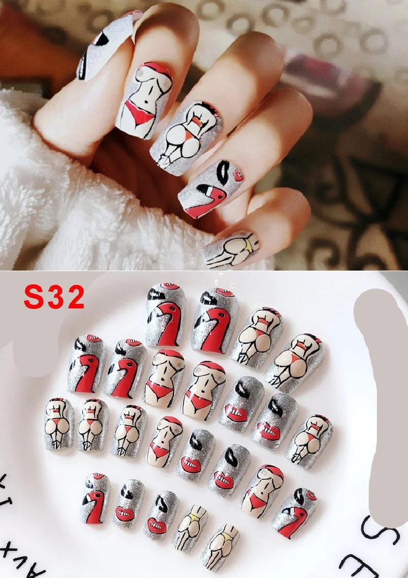 24pcs/set Elegant Fake Nails Black White Stripe Color Mix Chic Short False Nails with Pearl Rhinestone Square Acrylic Nails Tips-Nail Inspo
