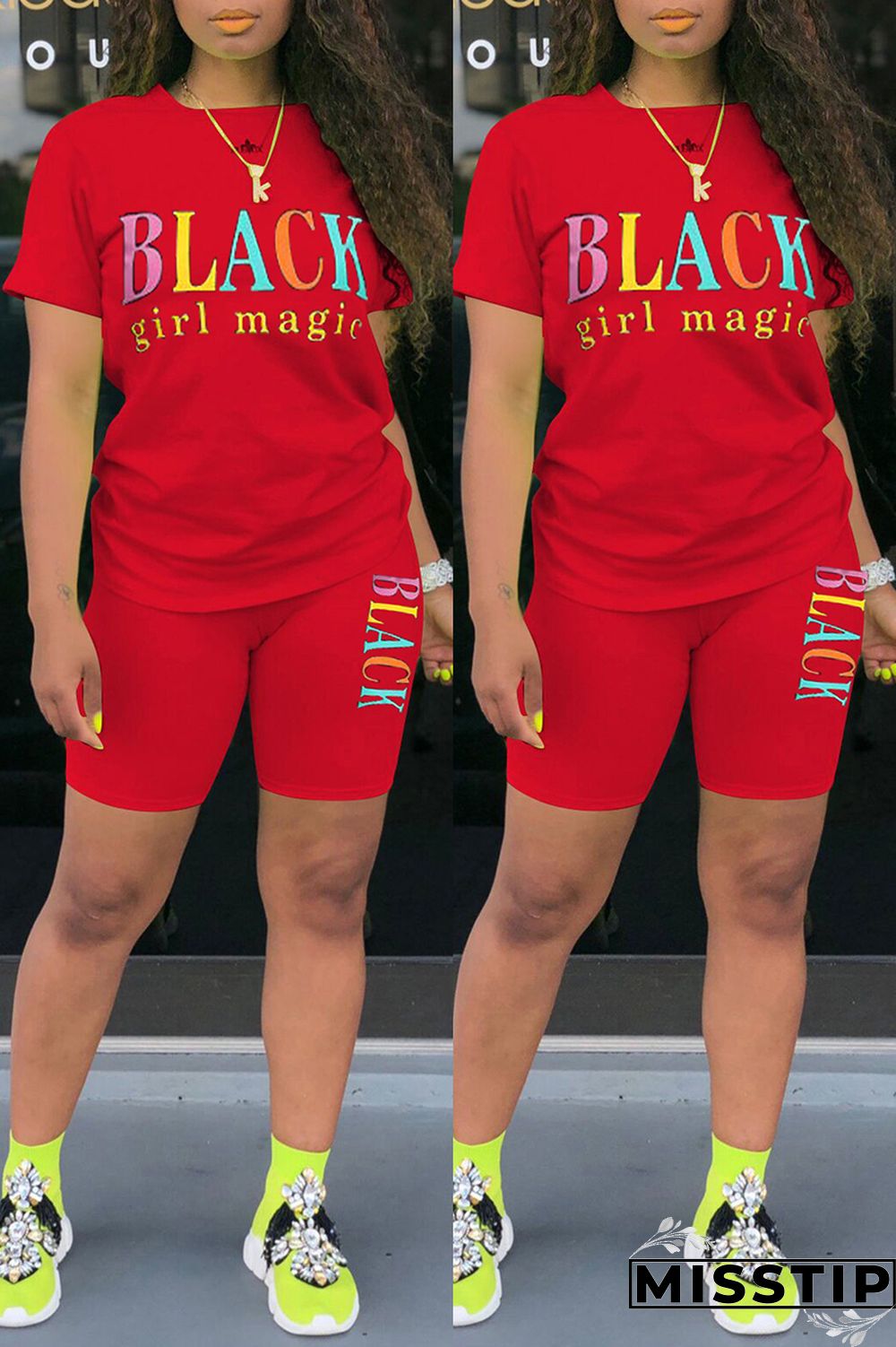 Blue Fashion Casual Letter Print Basic O Neck Short Sleeve Two Pieces