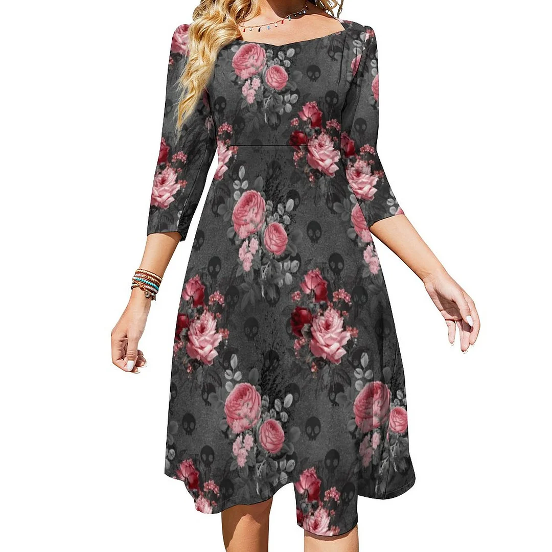 Skull And Pink Rose Garden Gothic Dress Sweetheart Tie Back Flared 3/4 Sleeve Midi Dresses