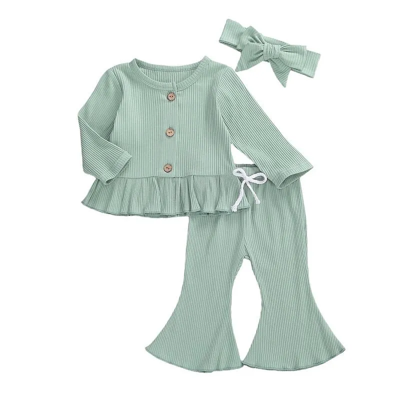 Infant Newborn Baby Toddler Girls 3 Pcs Knit Outfits Long Sleeve Buttons Round Neck Ruffle Top + Long Flared Pant + Headband